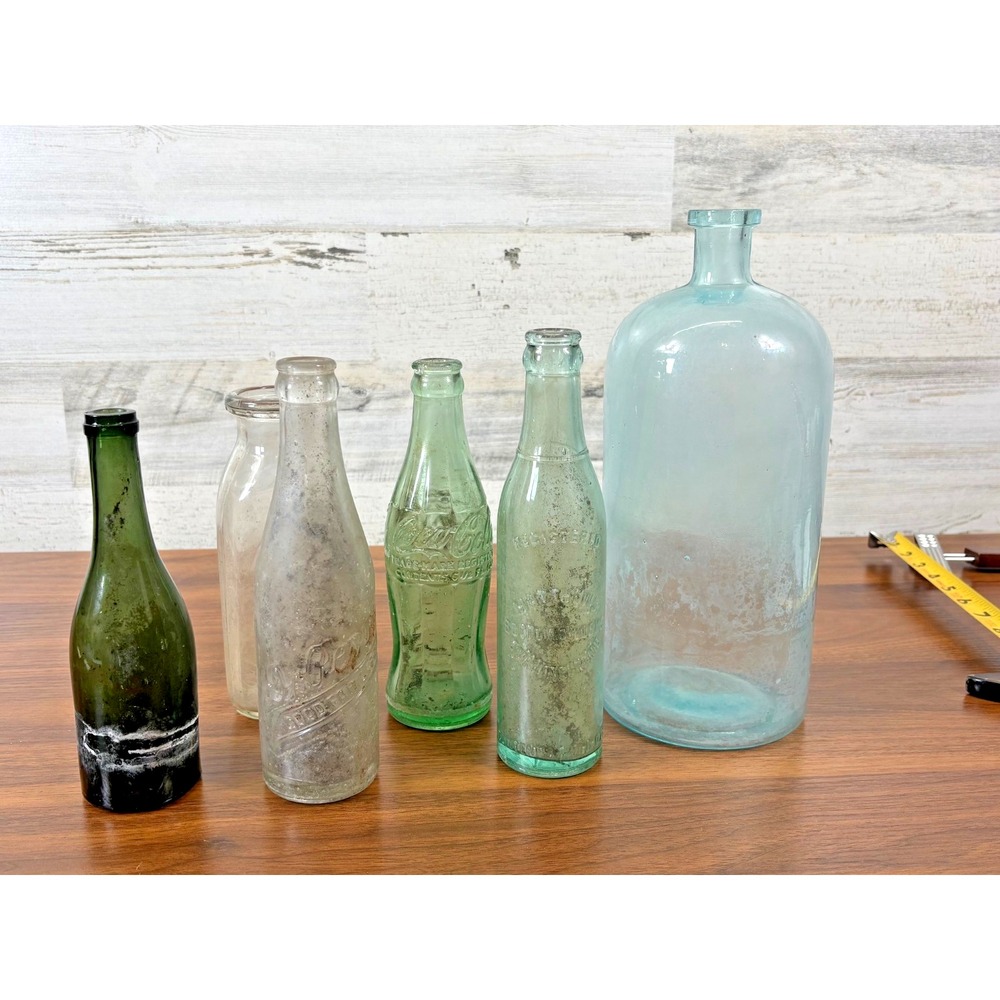 Antique Bottles Aqua, Coca Cola Glass, Dr. Pepper Late 1800's - 1930's Lot Of 6